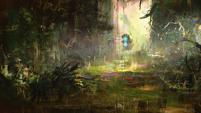 Fantasy art of a surreal jungle with a flying machine