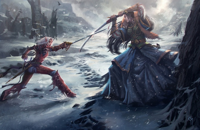 Pathfinder artwork: Merisiel in a snowy duel