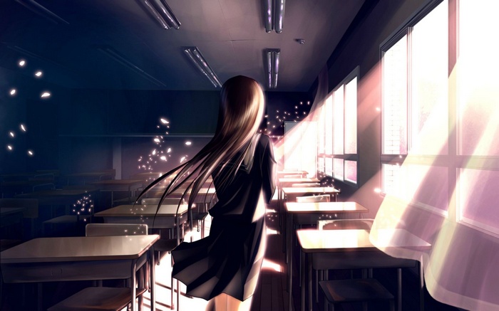 Anime girl in school uniform in a classroom