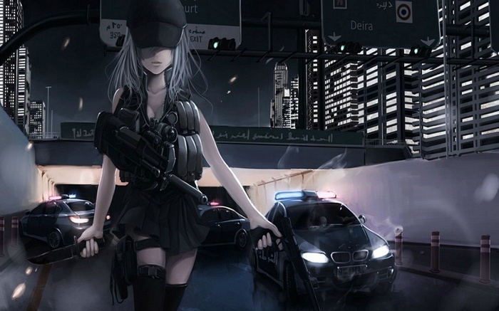 Anime girl with FN P90 on a highway at night