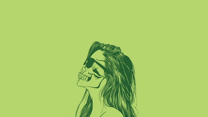Green line art of a skull with sunglasses and hair