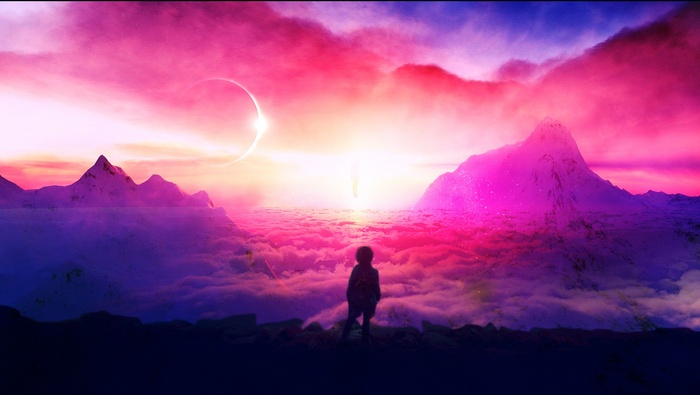 Surreal eclipse over mountains with a lone figure