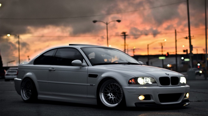 White BMW E46 coupe at sunset