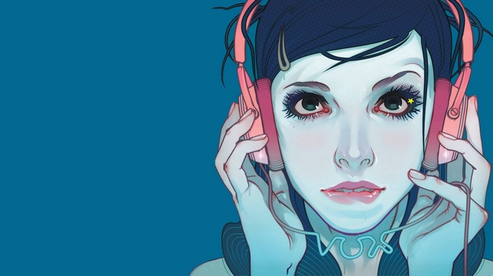 Woman with headphones and star on eye