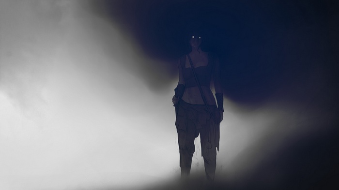 Anime character with glowing eyes in dark fantasy art