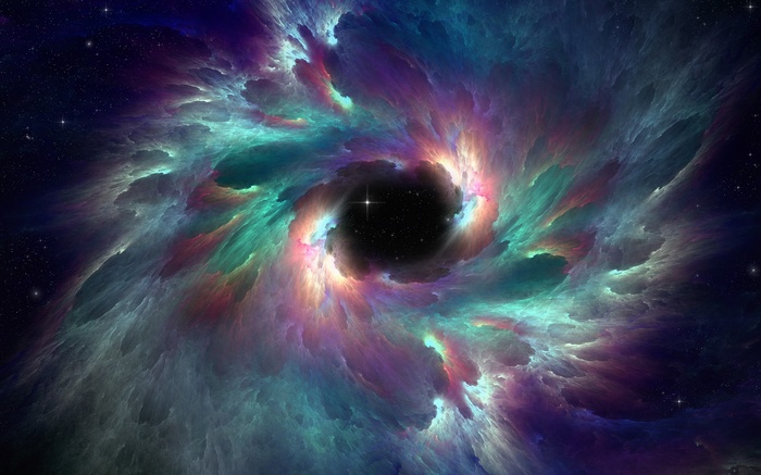 Colorful nebula swirling around a black hole in space