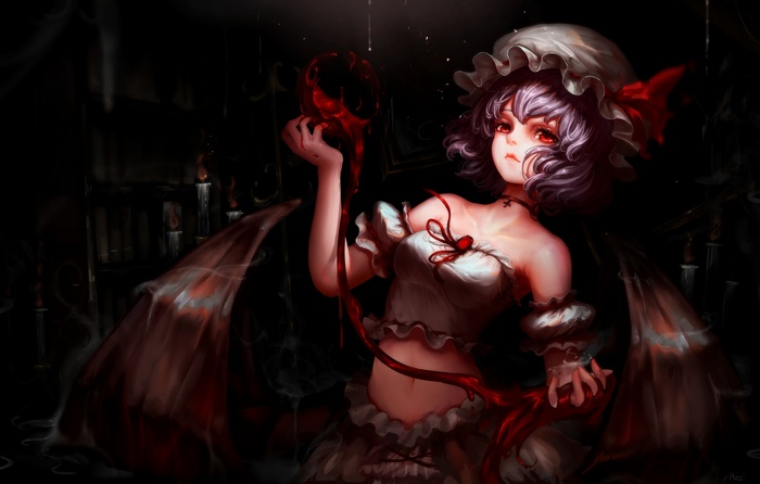 Remilia Scarlet holding a bloody heart with wings