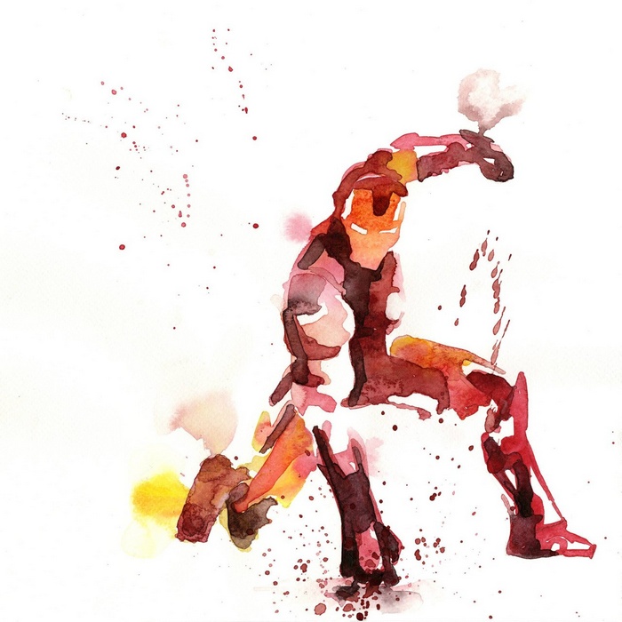 Watercolor painting of Iron Man in action