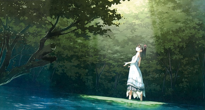 Shizuku (Kantoku) in a white dress in a forest