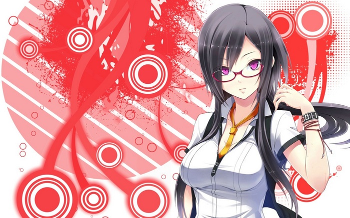 Anime girl with glasses and red abstract background
