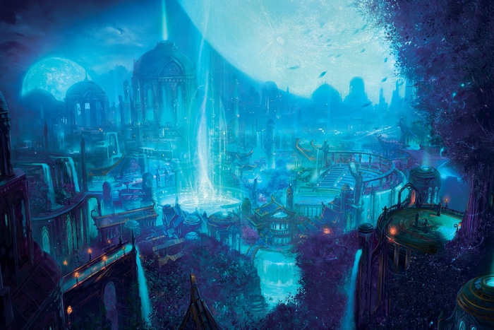 World of Warcraft fantasy art city with moon