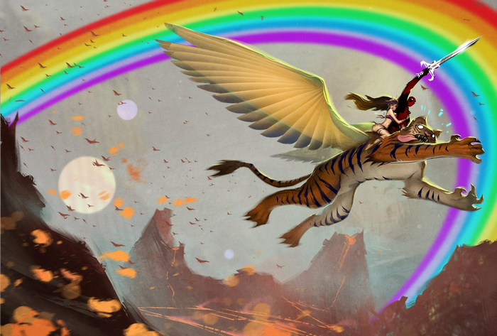 Deadpool riding a winged tiger with a sword