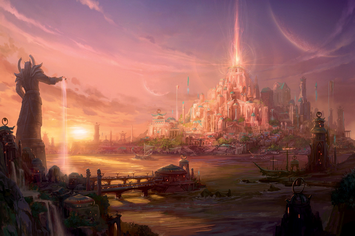 World of Warcraft fantasy city at sunset