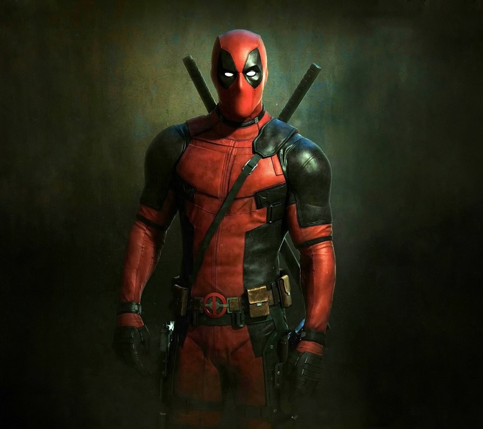 Deadpool standing with swords on his back