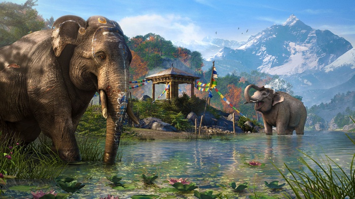 Elephants in a lake with mountains and a shrine in Far Cry 4