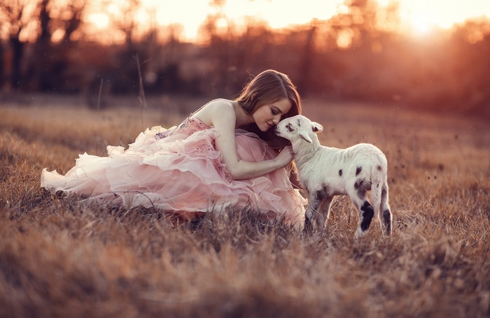 Girl in a pink dress with a lamb in a field