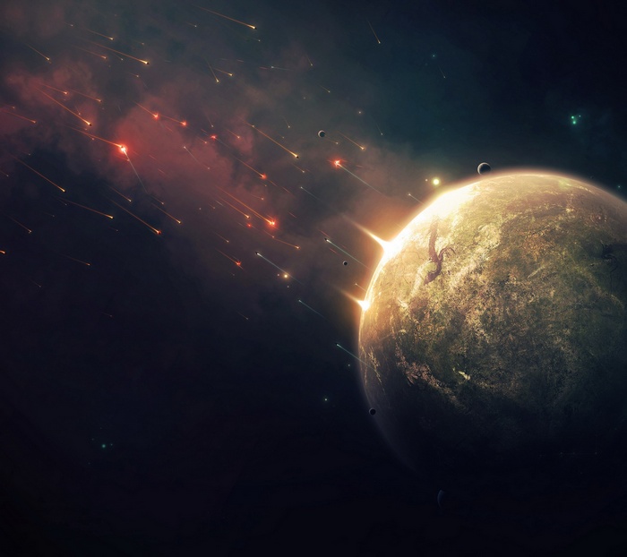 Space art of meteors falling on a planet