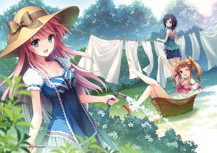 Anime girls doing laundry outdoors