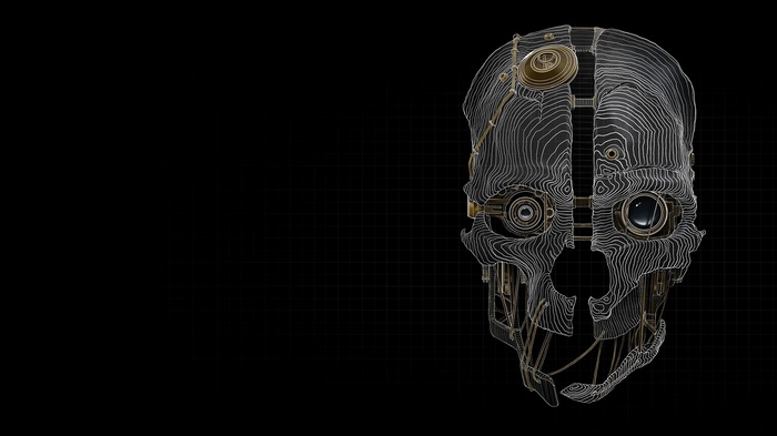 Dishonored mask with wireframe overlay on black background