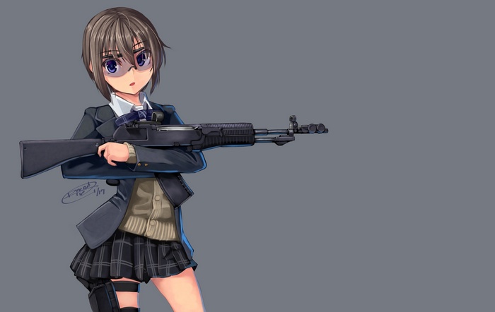 Anime girl in school uniform holding a rifle