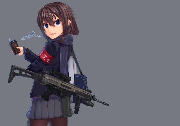 Anime girl with CZ 805 BREN and coffee