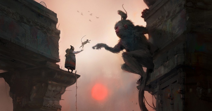 Giant monkey and person on ancient ruins