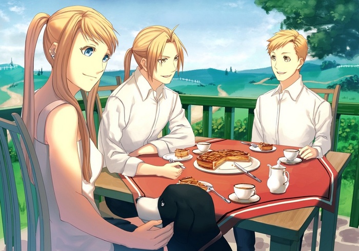 Fullmetal Alchemist: Brotherhood characters at a tea party