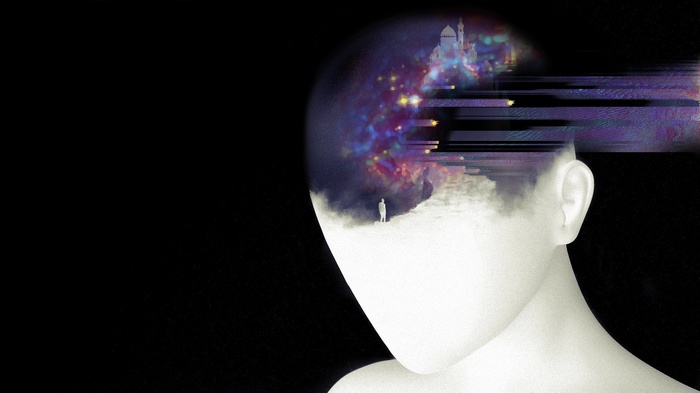 Digital art of a head with a colorful galaxy and palace
