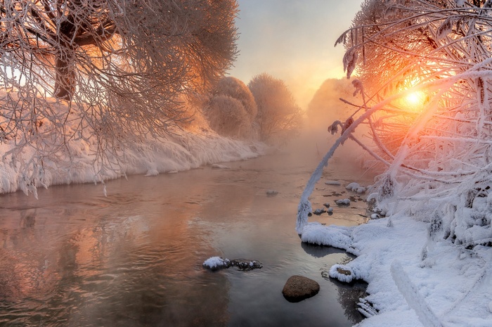 Winter river with snow-covered trees and sunlight