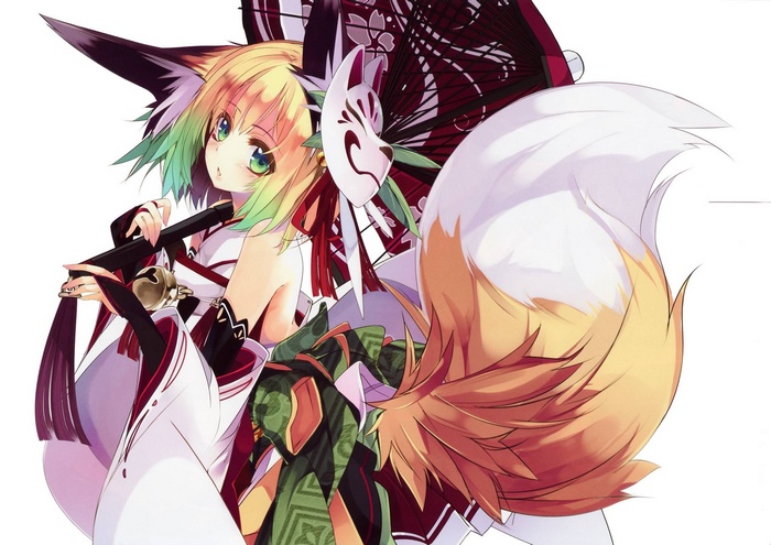 Anime Fox Girl with Kitsune Mask and Umbrella