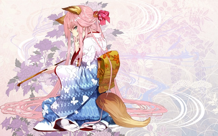 Fox girl in kimono with pink hair and tail