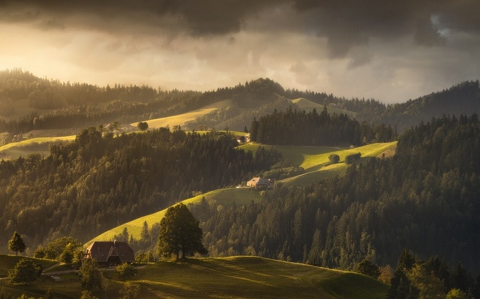 Sunlight illuminates rolling hills with forests and houses
