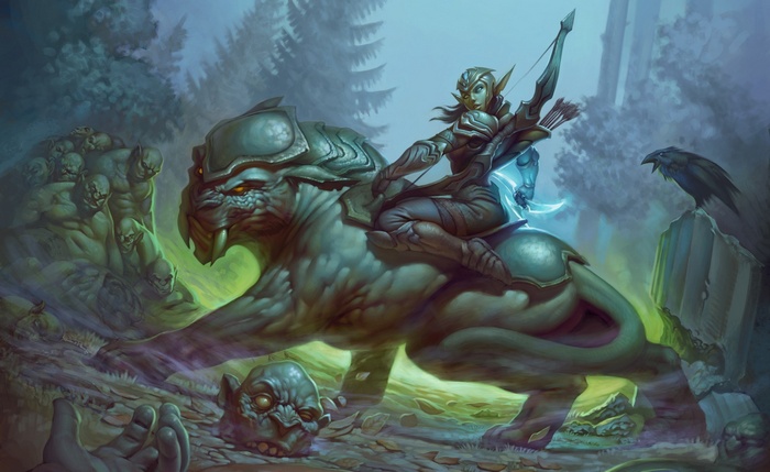 Elf archer riding a beast with goblins