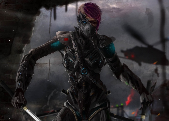 Futuristic warrior with swords and helicopter in background