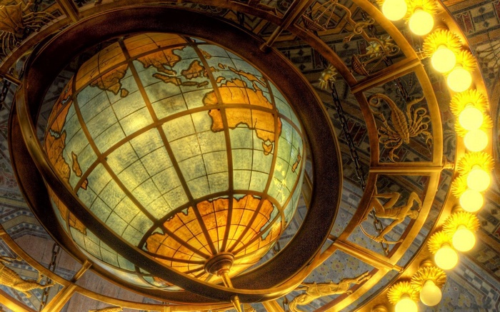 Ornate globe with zodiac symbols and lights