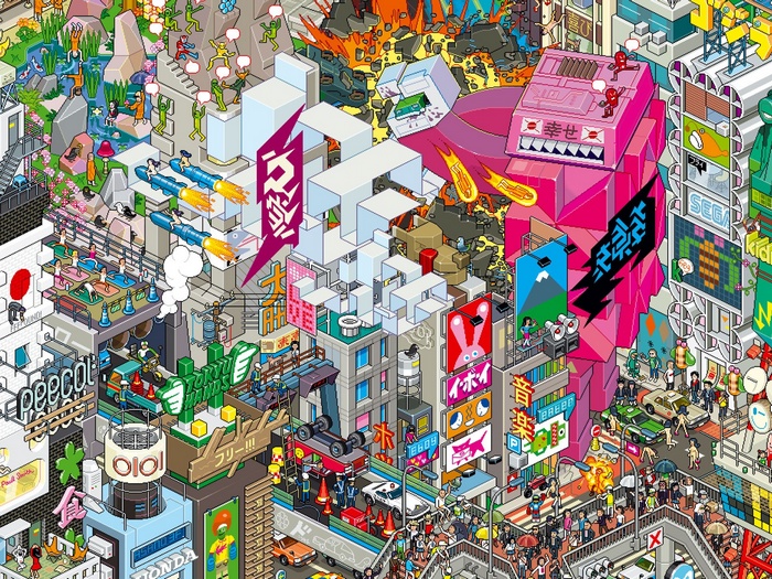 Pixel art city with rockets and robots