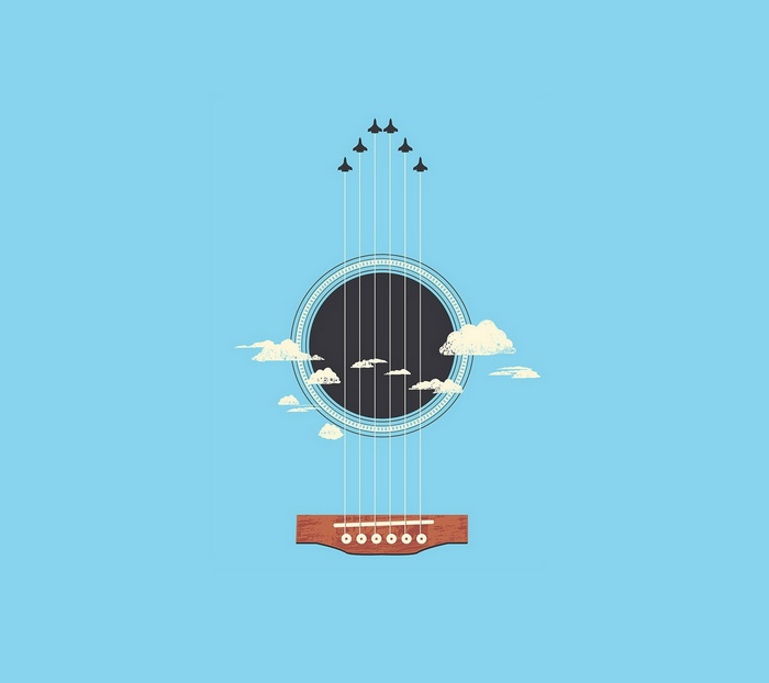 Minimalist guitar with planes and clouds