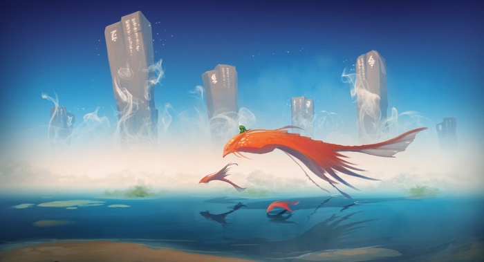 Fantasy artwork of a koi fish with a rider