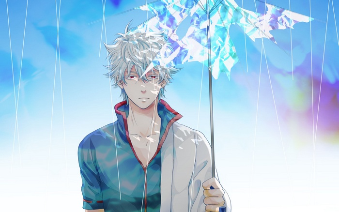 Sakata Gintoki holding a crystal umbrella in the rain