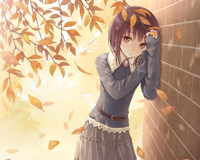 Anime girl leaning against a brick wall with autumn leaves