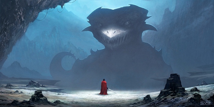 Fantasy art of a knight facing a giant monster