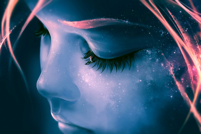 Fantasy art of a face with cosmic elements