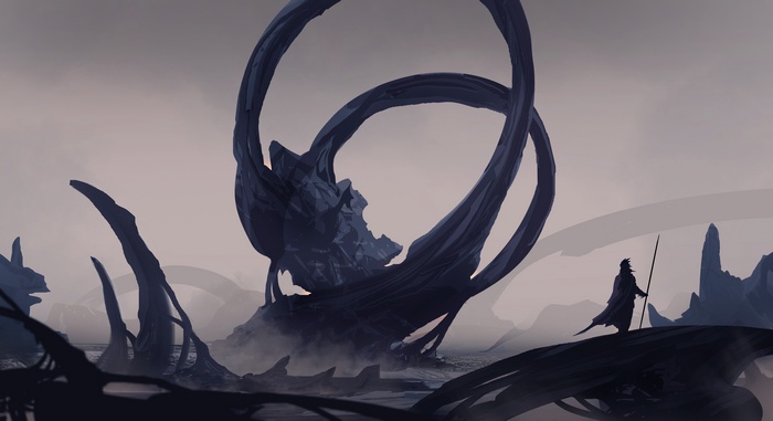 Fantasy art of ruins with a lone figure