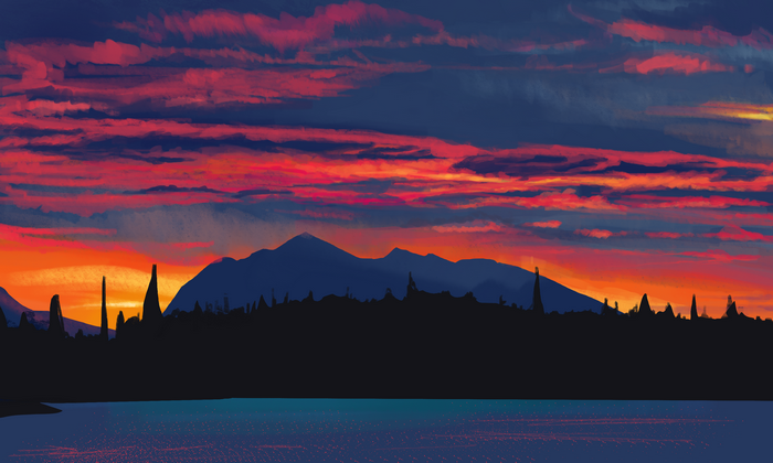 Digital art landscape of a sunset over mountains and water