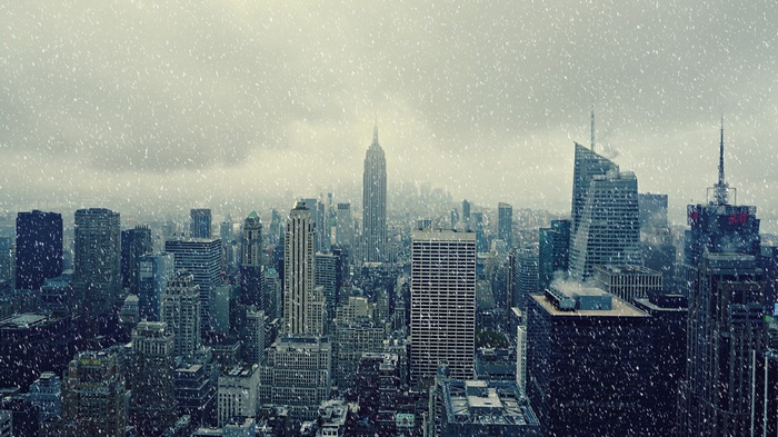 New York City skyline during a snowstorm