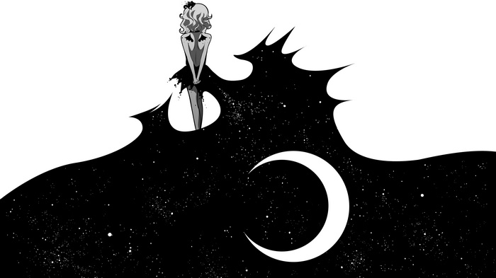 Monochrome girl with a starry dress and moon