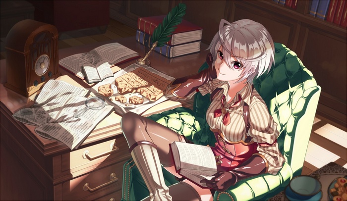 Anime girl with short hair reading a book