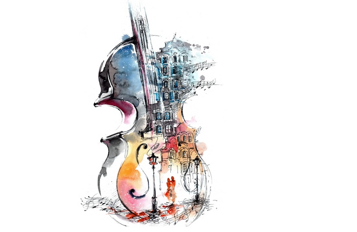 Watercolor painting of a cello with a cityscape