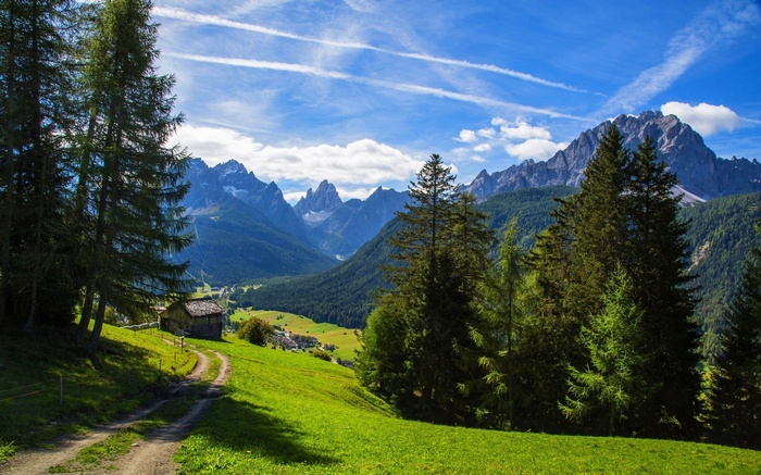Mountain valley with a small cabin and trees