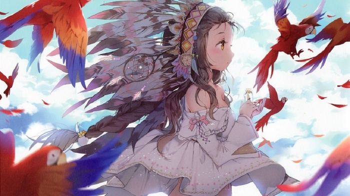 Anime girl with headdress and macaws in the sky
